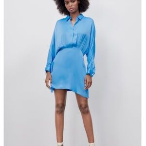ZARA SATIN EFFECT MINI DRESS LONG SLEEVE, BLUE - SMALL